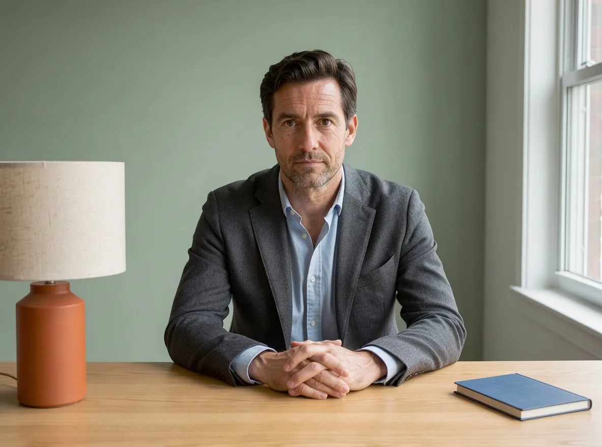 Revised desk portrait with a centered man, clasped hands, a drum-shade orange lamp, and a blue notebook