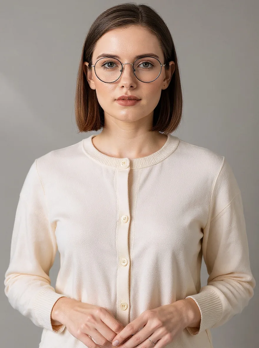 Kontext short-prompt result: cream button-front cardigan with ribbed cuffs and an added thin ring on one hand