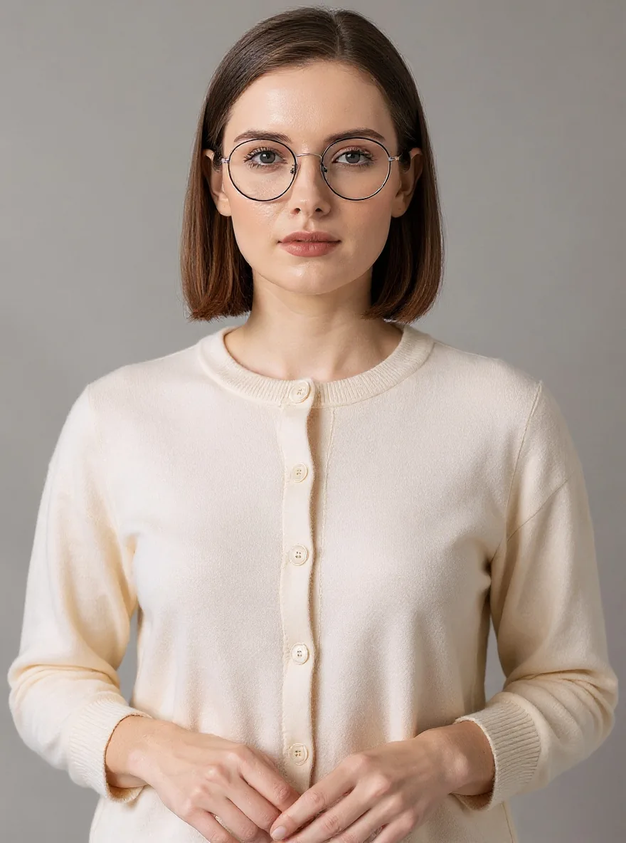 Kontext specific-prompt result: cream button-front cardigan, brown bob, round glasses, and gray background