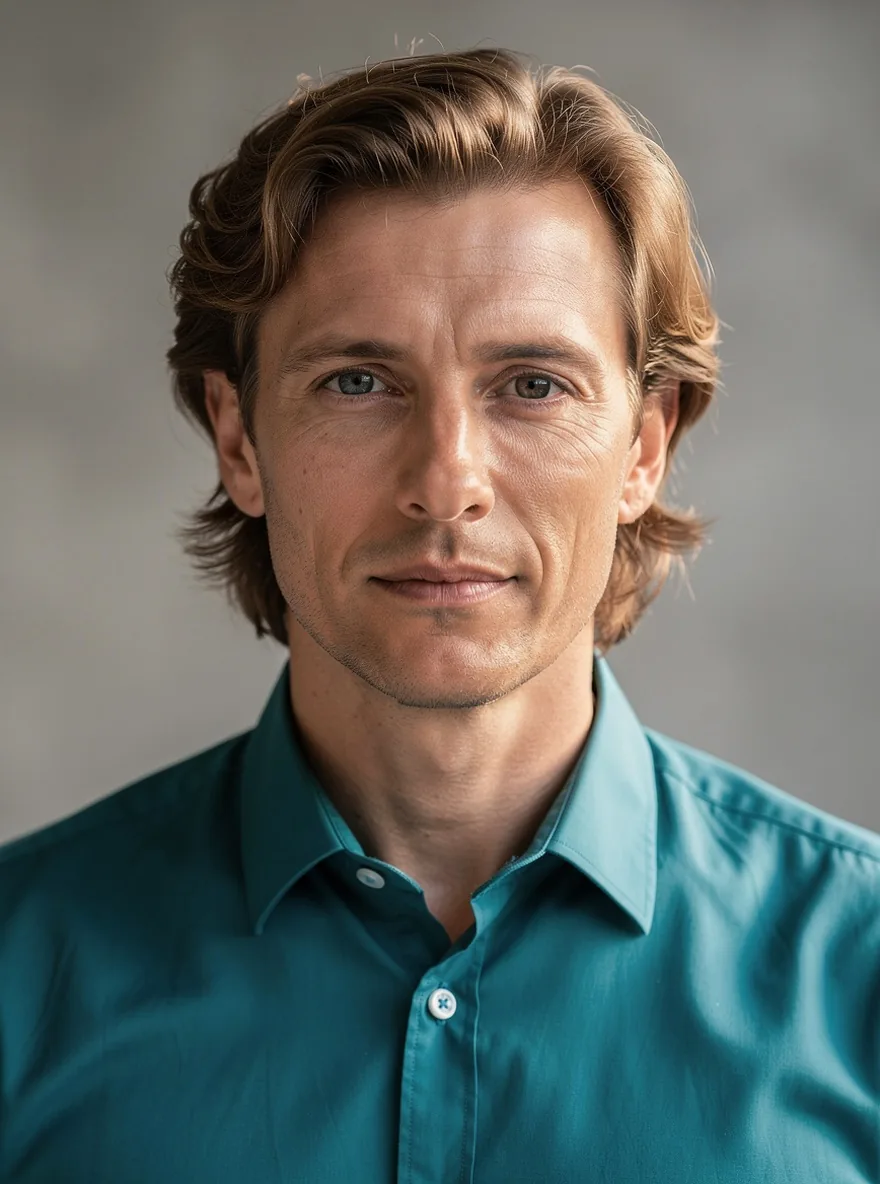 Two-reference FLUX 3 Image result with swept brown hair, light eyes, and a teal shirt