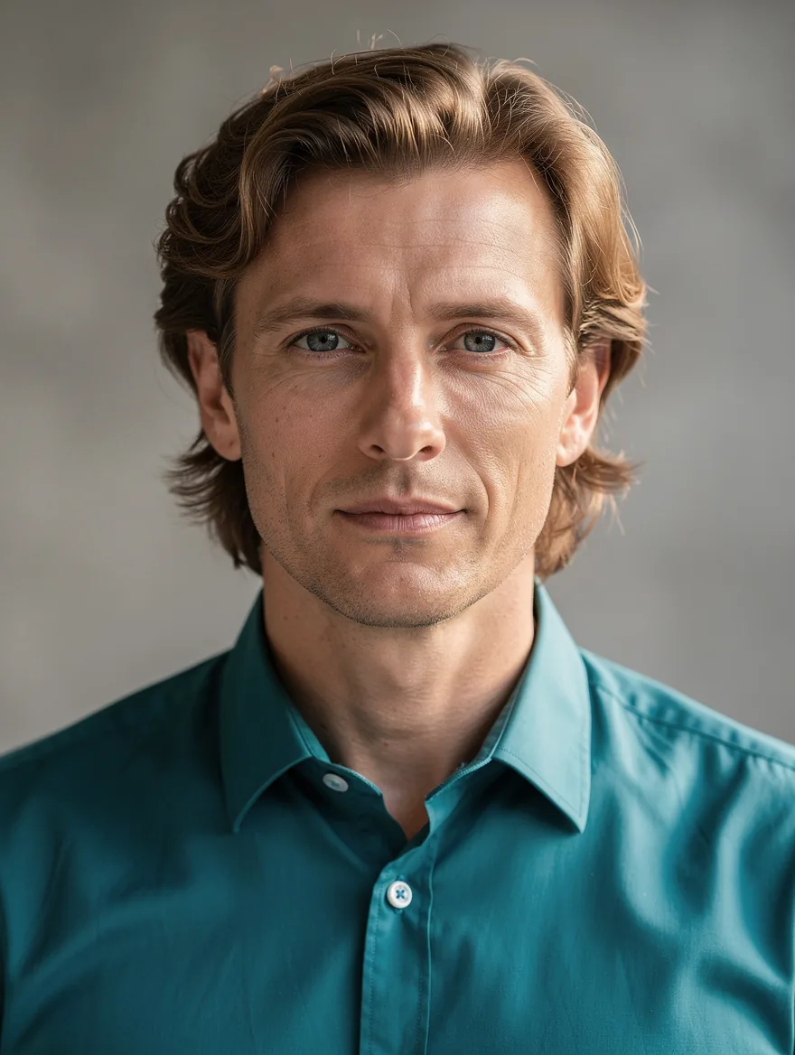 Base portrait A: fictional man with wavy light brown hair, light eyes, and a teal shirt