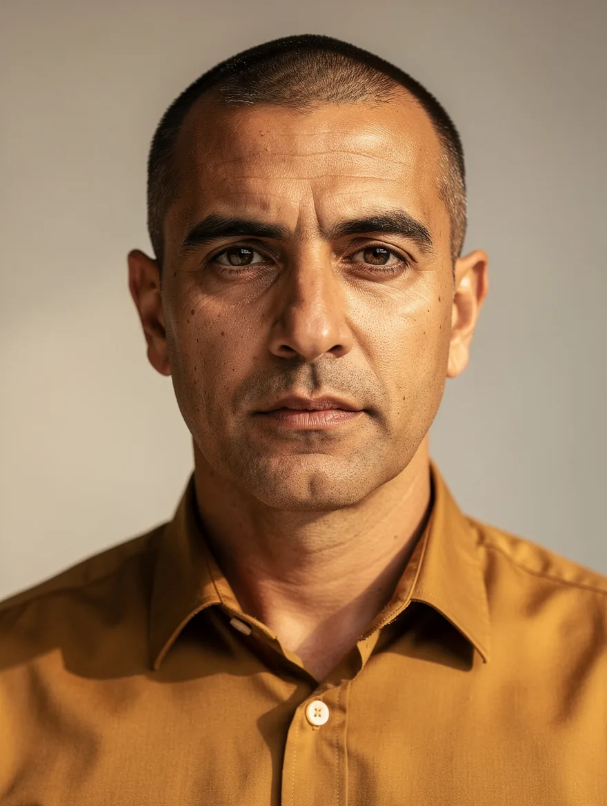 Donor portrait B: fictional man with close-cropped dark hair, brown eyes, heavy eyebrows, and a mustard brown shirt