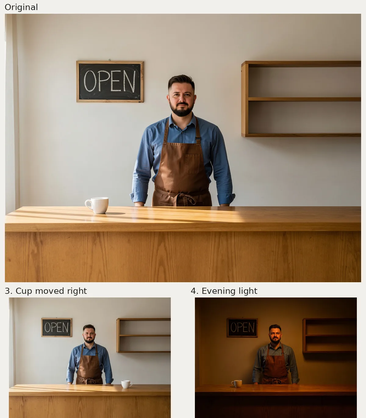 Original café at top; Kontext edits below move the cup right and change daylight to dark amber evening light