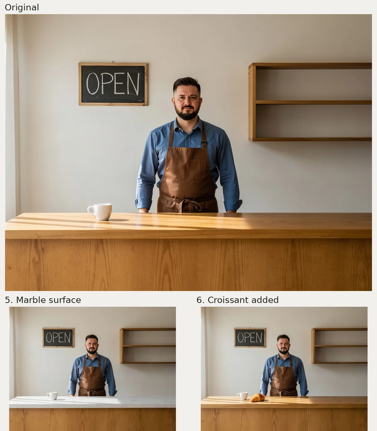 Original café at top; Kontext edits below add a white marble countertop and a croissant beside the cup