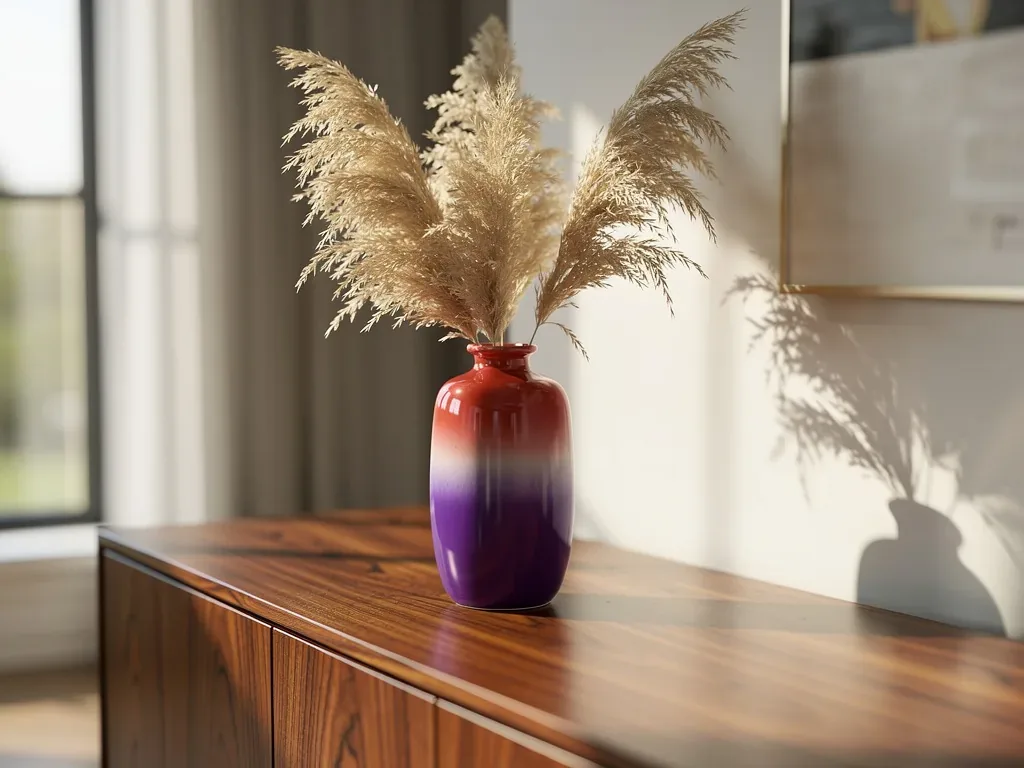 Ceramic vase with a reddish coral top and purple base holding pampas grass on a walnut sideboard