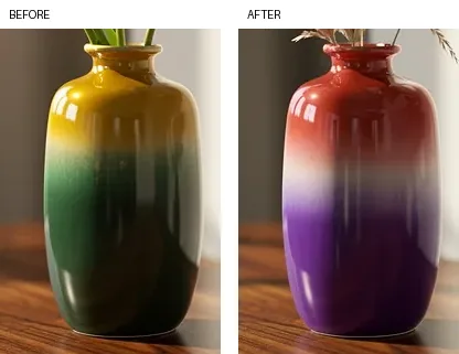 Before and after vase crops showing yellow and green colors changing to reddish coral and purple