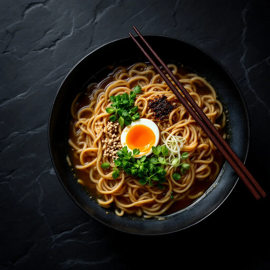 An overhead photograph of a bowl of ramen with a soft-boiled egg, nori and spring onions on a dark slate table, chopsticks resting on the bowl