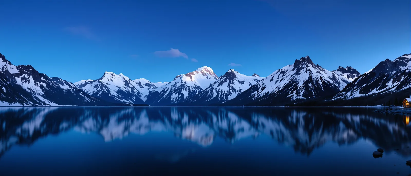 A 21:9 panoramic photograph of a mountain lake at blue hour, snow-capped peaks mirrored in still water and a small cabin with one lit window on the shore, made with FLUX 1.1 Pro Ultra