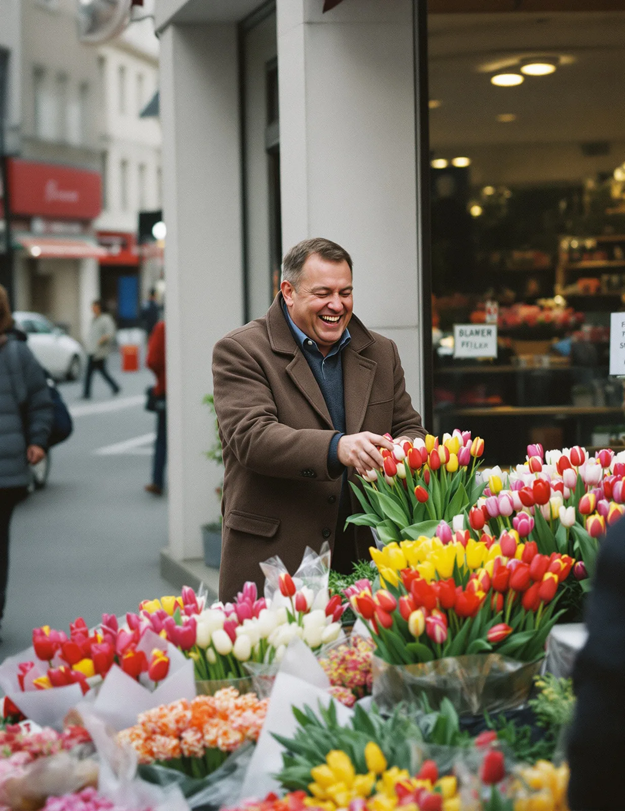 A candid street photograph of a laughing man in a brown coat choosing tulips at a corner flower stall on an overcast morning, made with FLUX 1.1 Pro Ultra