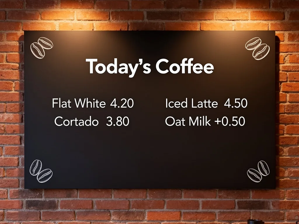 A black café menu board on a brick wall with the title Today's Coffee and four items with prices: Flat White 4.20, Cortado 3.80, Iced Latte 4.50 and Oat Milk +0.50, with coffee bean doodles in the corners