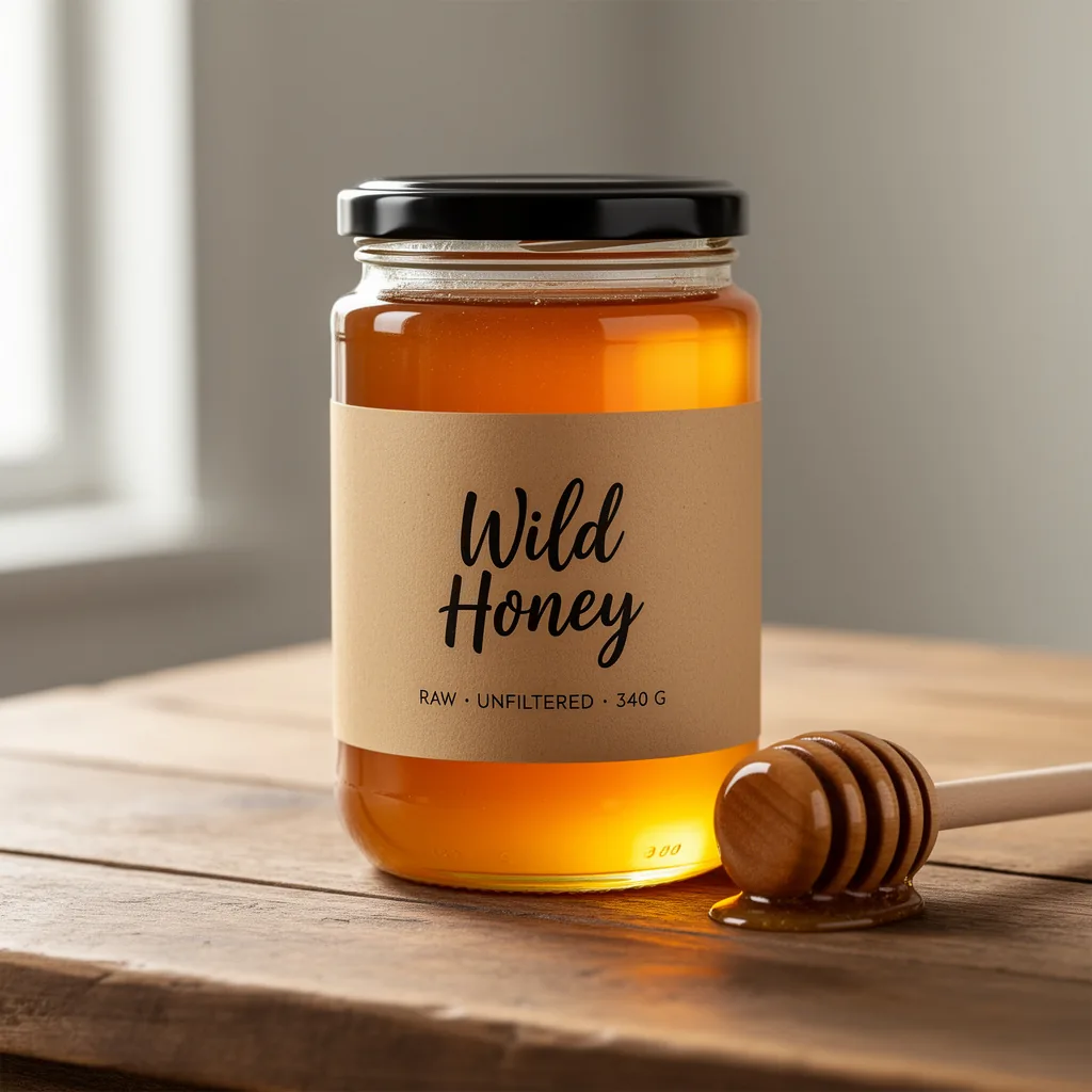 A glass honey jar with a kraft-paper label reading Wild Honey in hand-lettered script and Raw, Unfiltered, 340 g in small caps, beside a wooden honey dipper on a table
