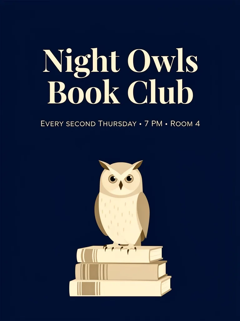 A minimalist navy poster with the headline Night Owls Book Club in a cream serif typeface, a small caps subline reading Every second Thursday, 7 PM, Room 4, and an owl perched on a stack of books