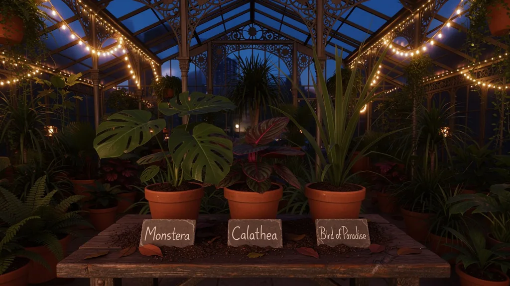 The same greenhouse edited with FLUX.2 max into a late-evening scene with warm string lights along the iron beams and a deep blue sky, the plants and labels unchanged