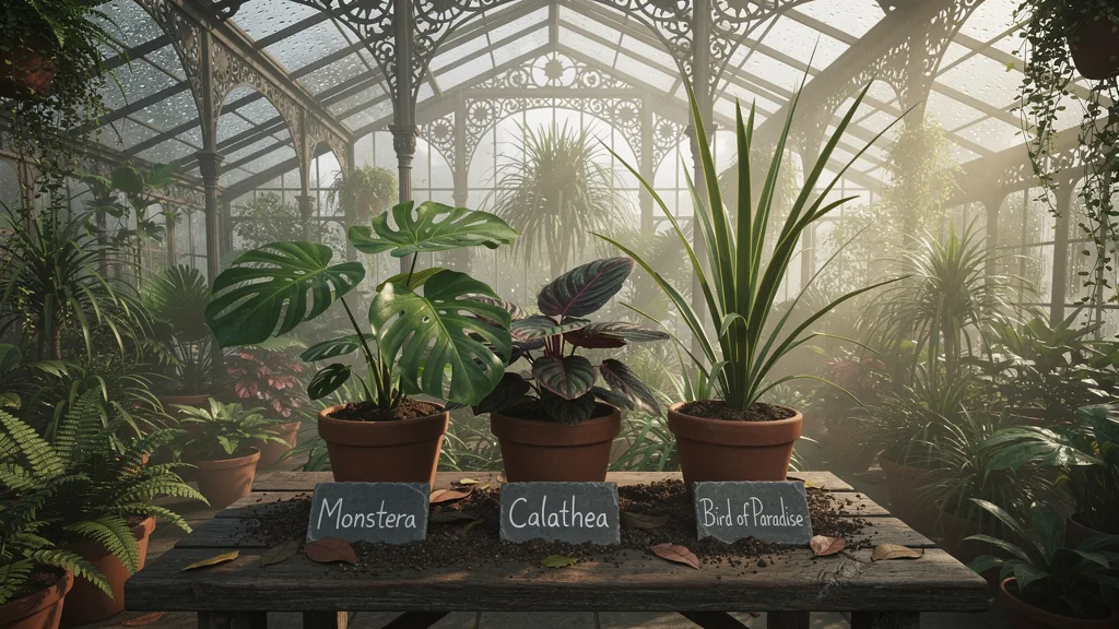 A Victorian glass greenhouse full of tropical plants, with three slate labels in front of the pots reading Monstera, Calathea and Bird of Paradise
