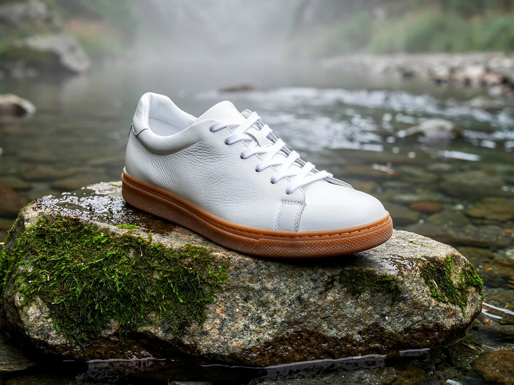 The same white sneaker placed on a mossy granite rock beside a misty mountain stream, edited with FLUX.2 pro