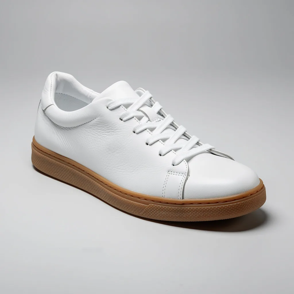 A plain white leather sneaker with a gum rubber sole on a seamless pale grey studio background, three-quarter view, generated with FLUX.2 pro