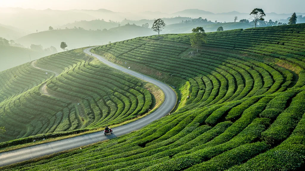 An aerial photograph of terraced tea fields curving around green hills with a narrow road and a single red scooter in morning haze, made with FLUX.2 pro