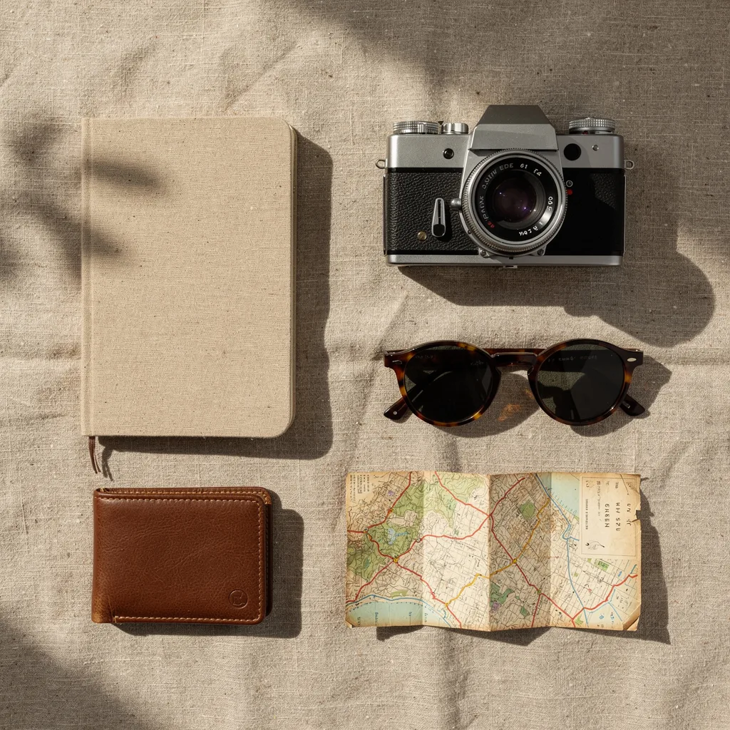 A top-down flat lay of a canvas notebook, vintage film camera, round sunglasses, folded paper map and small leather wallet on natural linen, made with FLUX.2 pro