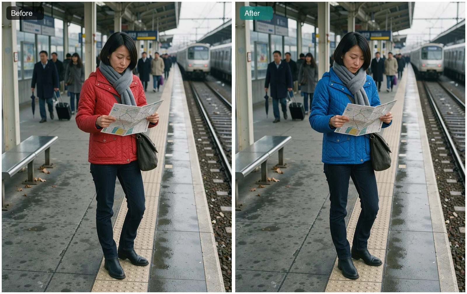 Before and after: a woman on a train platform in a red quilted jacket, then the same photo with the jacket changed to cobalt blue and everything else unchanged, edited with the FLUX 3 image editor