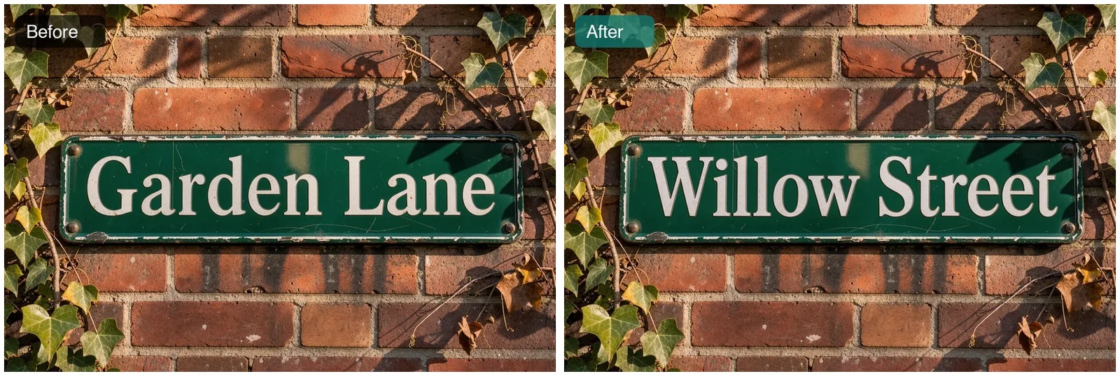 Before and after: a green enamel street sign on a brick wall reading Garden Lane, then the same sign reading Willow Street in matching white serif letters, edited with FLUX 3