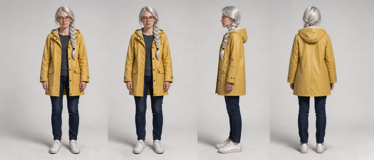 A character turnaround sheet showing the same woman in a yellow raincoat from the front, three-quarter, side and back views, standing in a row on a light background