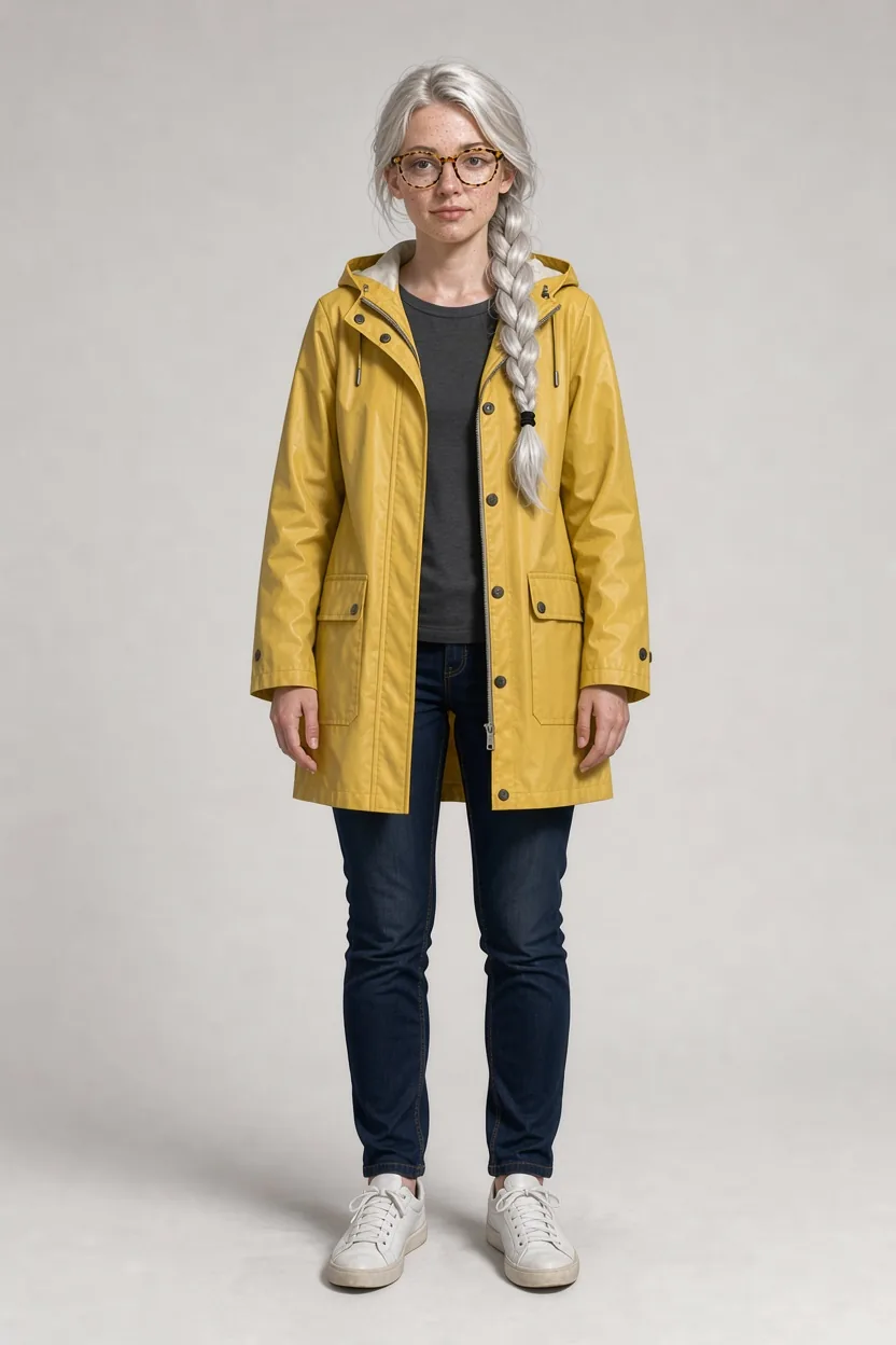 A full-body character reference painting of a woman with a long silver-white braid, freckles and round tortoiseshell glasses, wearing a yellow raincoat, dark jeans and white sneakers, against a plain light grey background