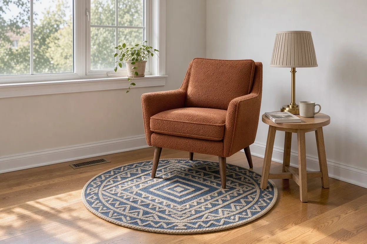 A bright apartment reading corner where the rust bouclé armchair stands by a tall window, the brass lamp sits on an oak side table and the geometric rug lies under the chair