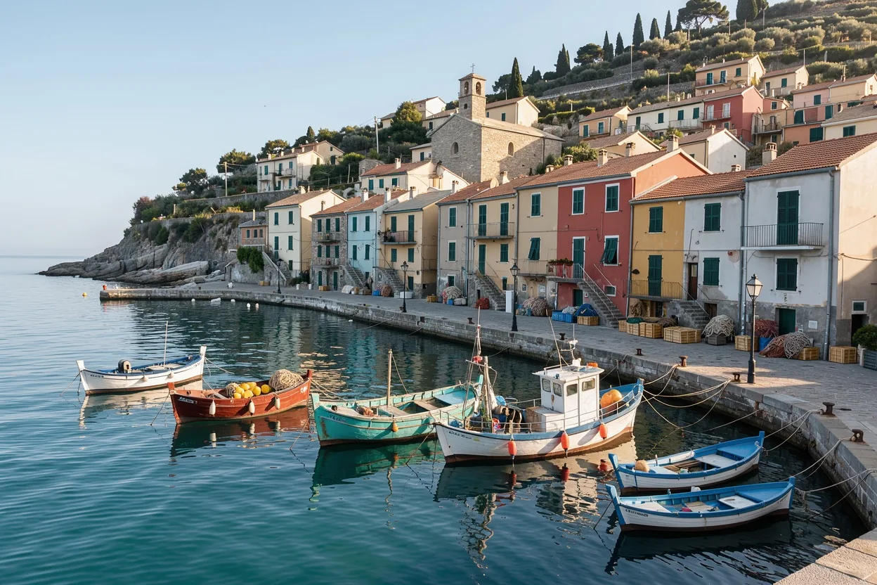 A photograph of a small harbor town with colorful houses stacked on a green hillside and fishing boats moored in calm water on a clear morning
