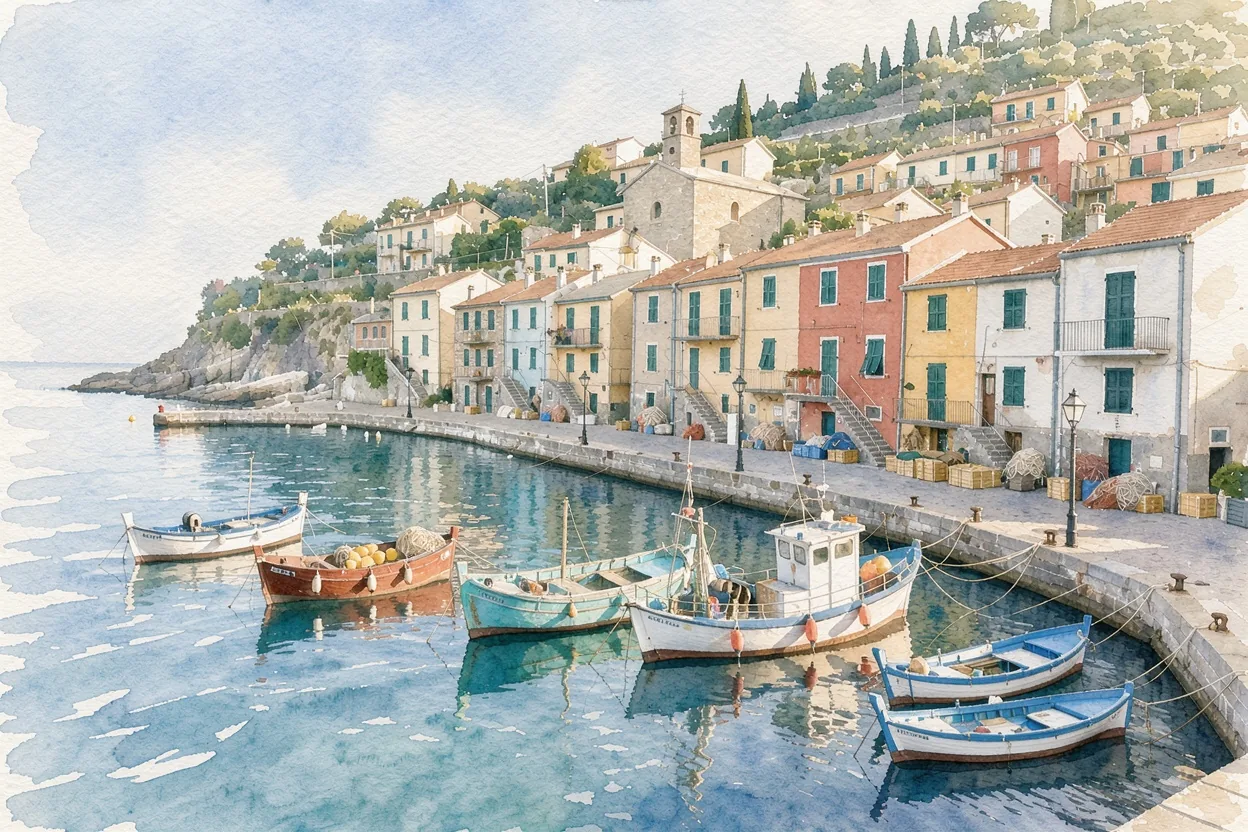 The harbor town repainted by FLUX 3 Image as a loose watercolor with soft bleeding edges and visible paper texture, same houses and boats in the same places