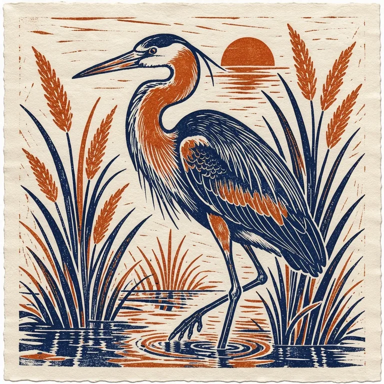 A linocut print of a heron among reeds in deep indigo and burnt orange on cream paper, used as the style reference image