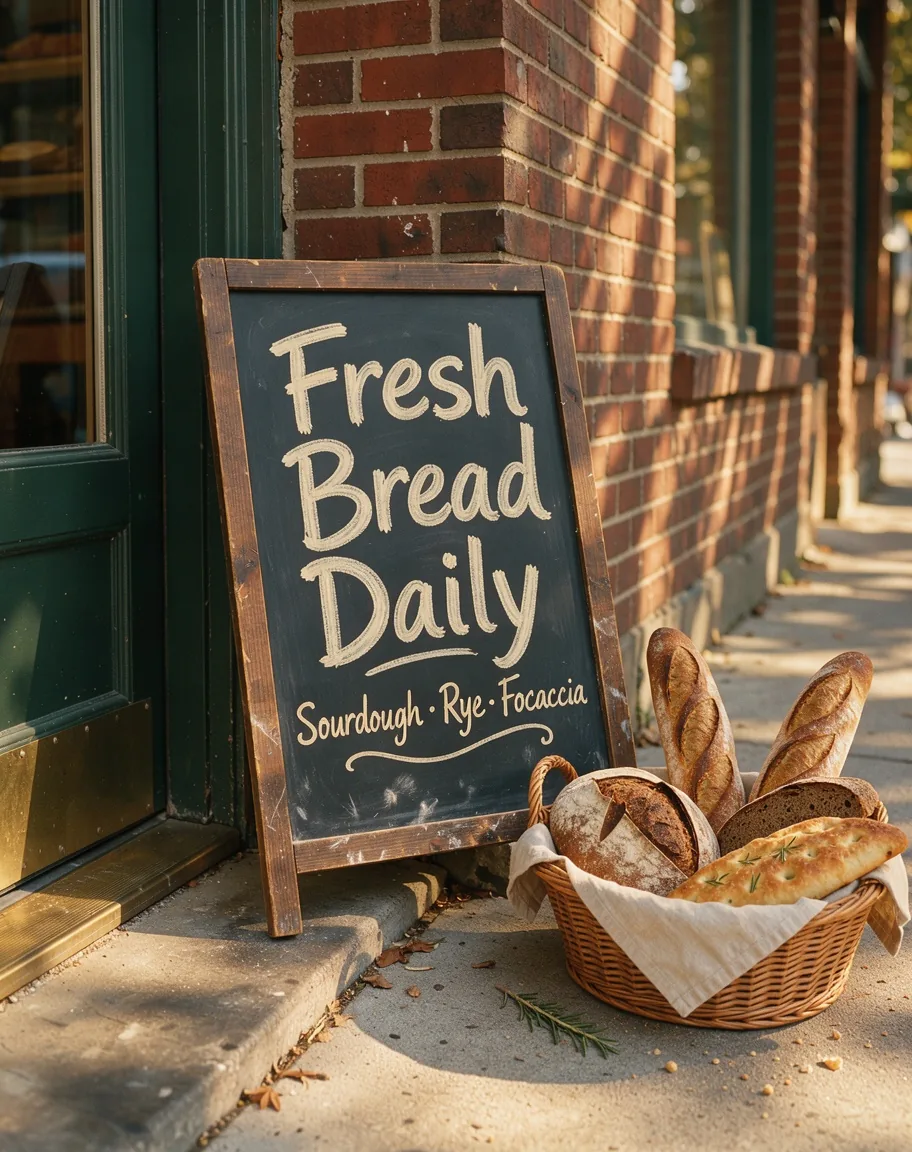 A chalkboard sign outside a bakery reading Fresh Bread Daily, with a basket of loaves on the sidewalk, generated with FLUX 3 Image