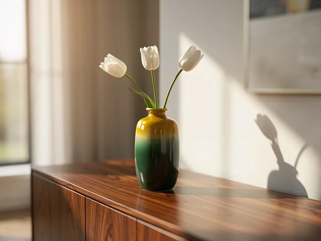 Ceramic vase with a yellow top and green base holding three white tulips on a sunlit walnut sideboard