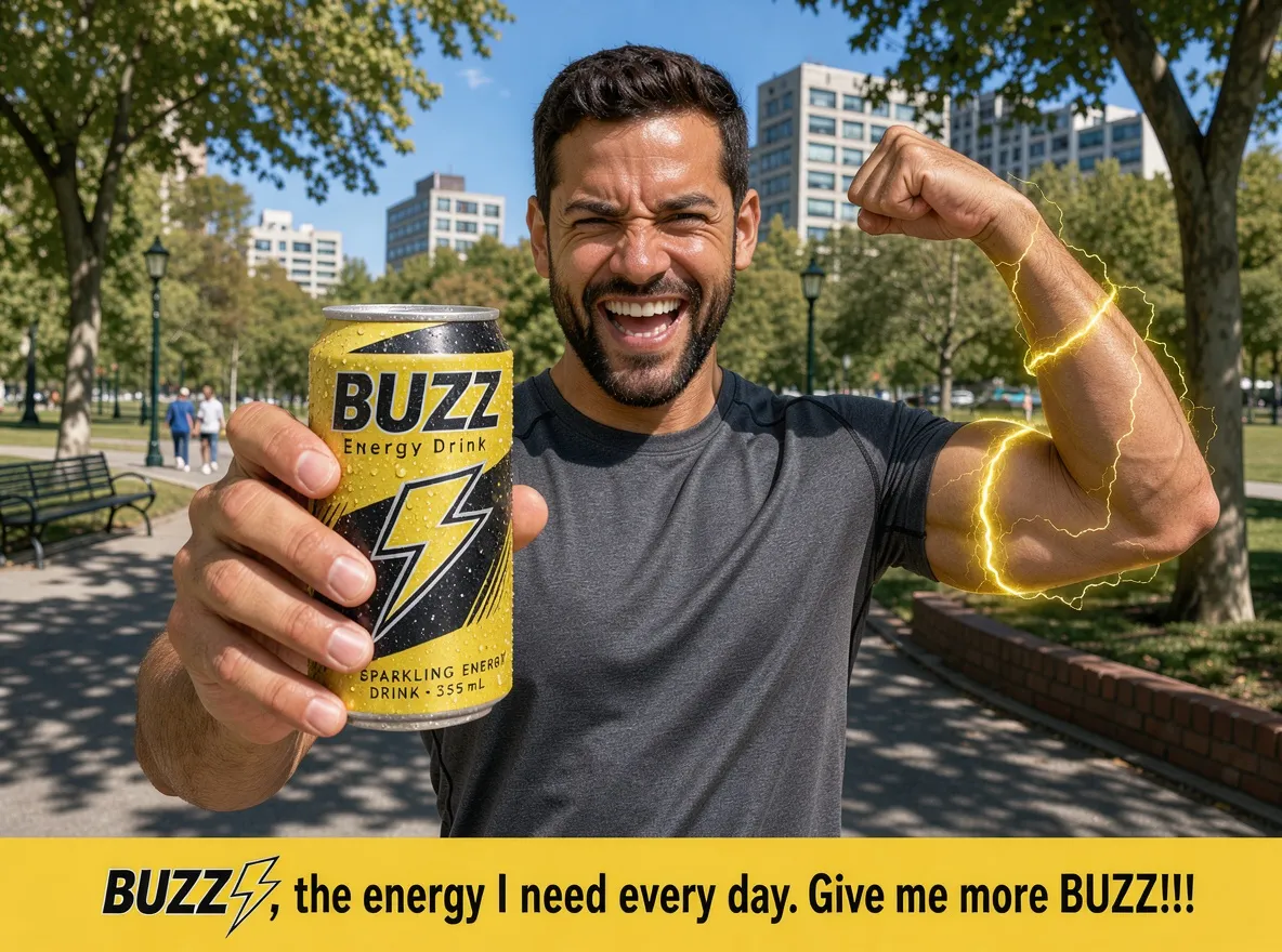 Smiling bearded man holding a yellow BUZZ energy drink can and flexing an arm wrapped in yellow lightning, slogan banner below, made with FLUX 3 Image