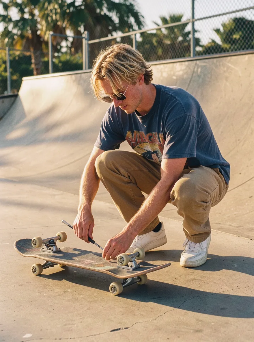 Man in a faded navy graphic tee, khaki work pants and white sneakers crouching to adjust skateboard wheels with a tool, made with FLUX 3 Image
