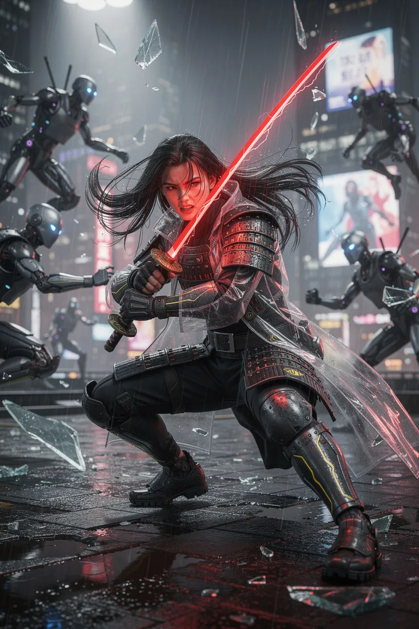 Armored cyberpunk samurai woman holding a red energy katana with both hands on a rainy rooftop, cyborgs closing in, made with FLUX.2 [max]
