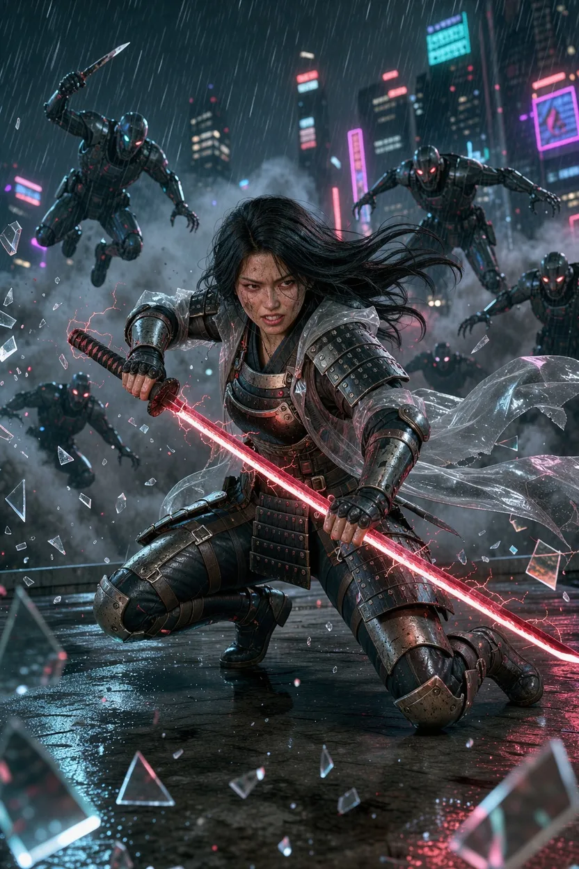 Armored cyberpunk samurai woman crouching on a wet rooftop with a red energy katana while cyborgs leap at her through rain and glass, made with FLUX 3 Image