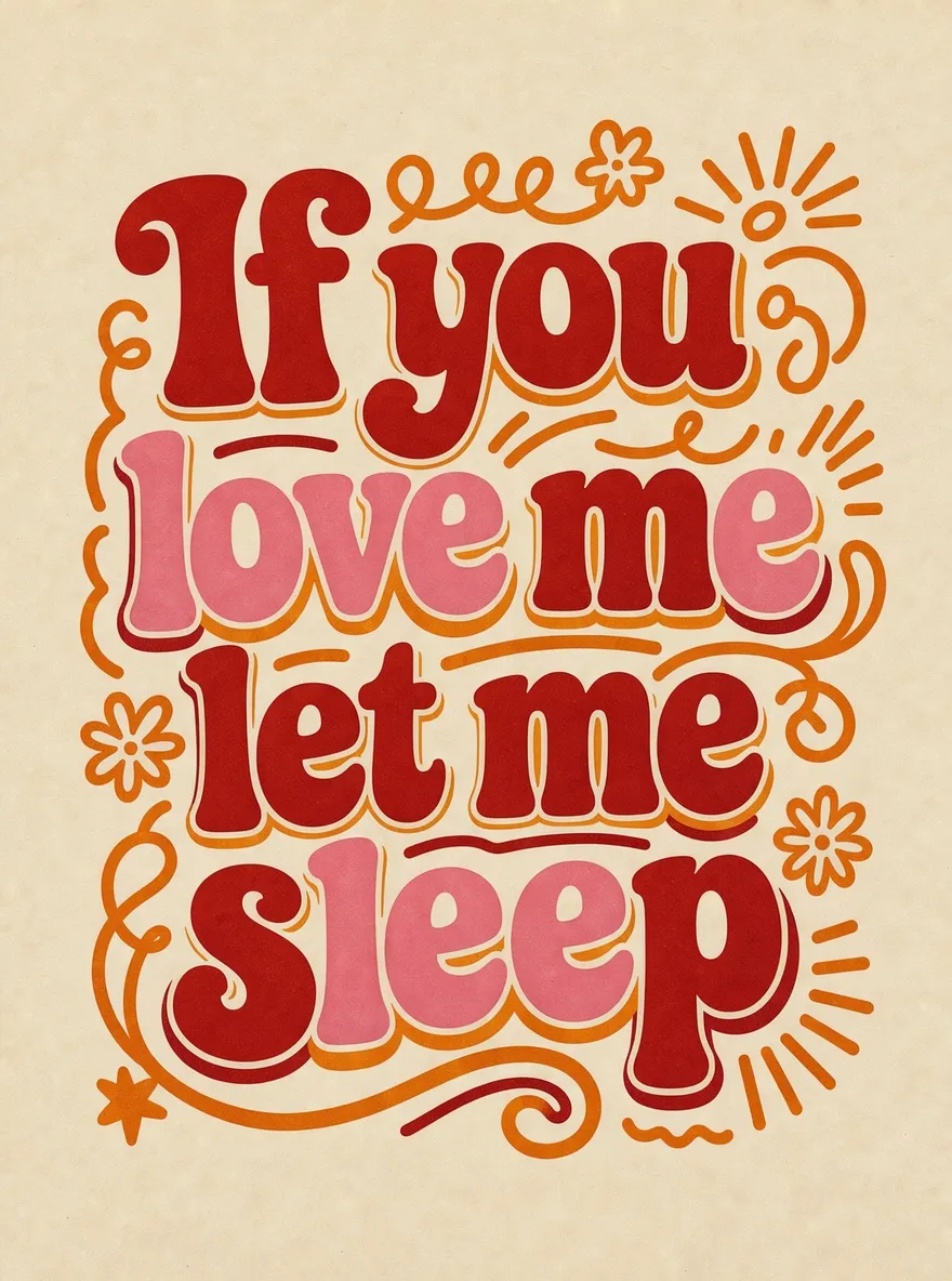 Retro poster reading If you love me let me sleep in red and pink 70s lettering with orange doodles on cream, made with FLUX 3 Image