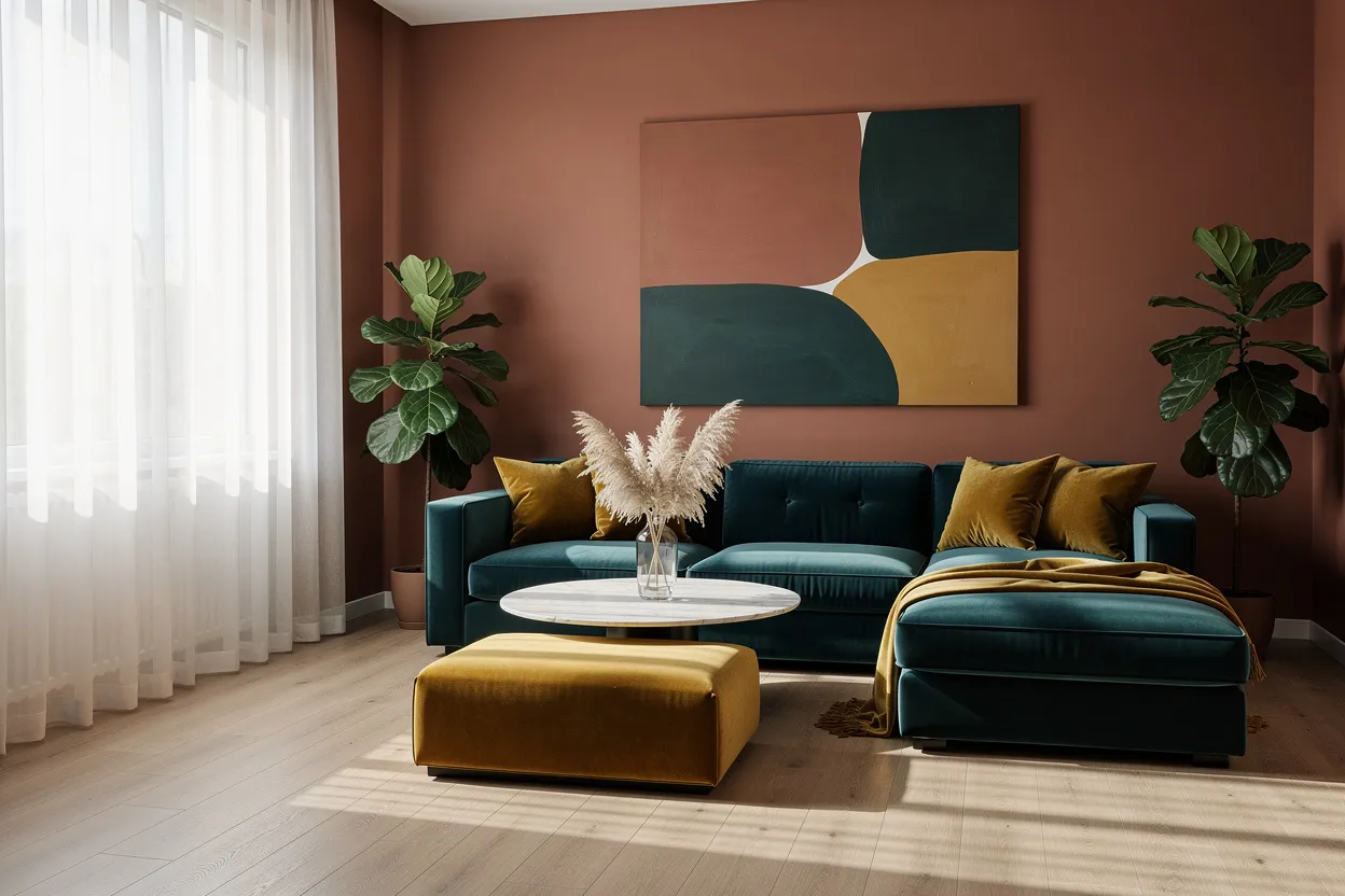Living room with terracotta walls, teal sectional, mustard ottoman, marble table, two fiddle leaf figs and sheer curtains, made with FLUX.2 [max]