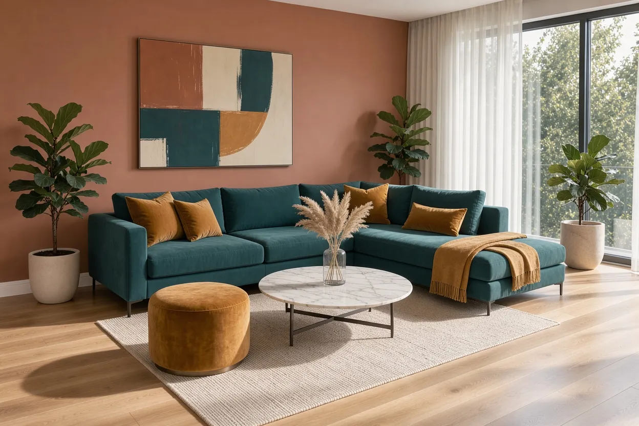 Living room with terracotta walls, teal sectional, amber pillows, velvet ottoman, marble table, three fiddle leaf figs and a tall window, made with FLUX 3 Image