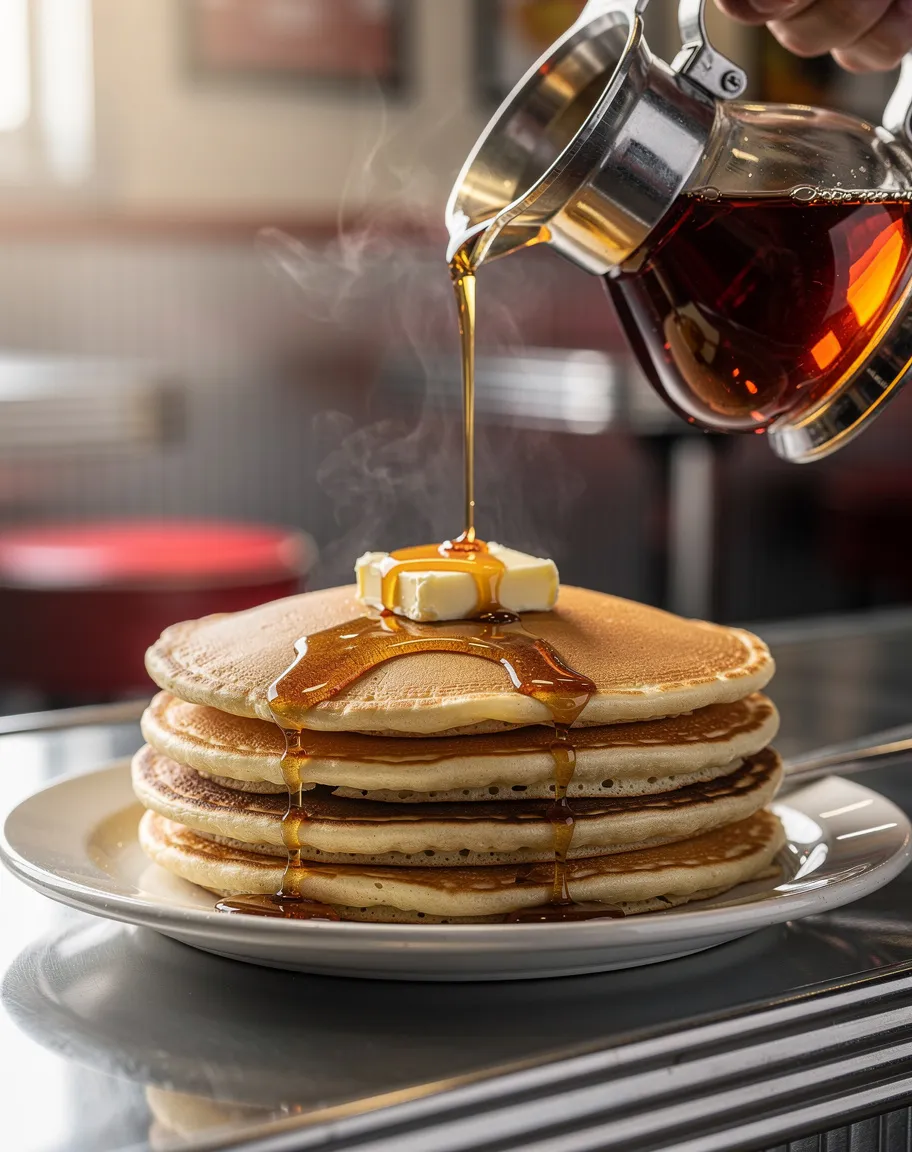 Thick syrup pouring from a glass dispenser onto steaming pancakes with butter on a chrome counter, made with FLUX.2 [max]