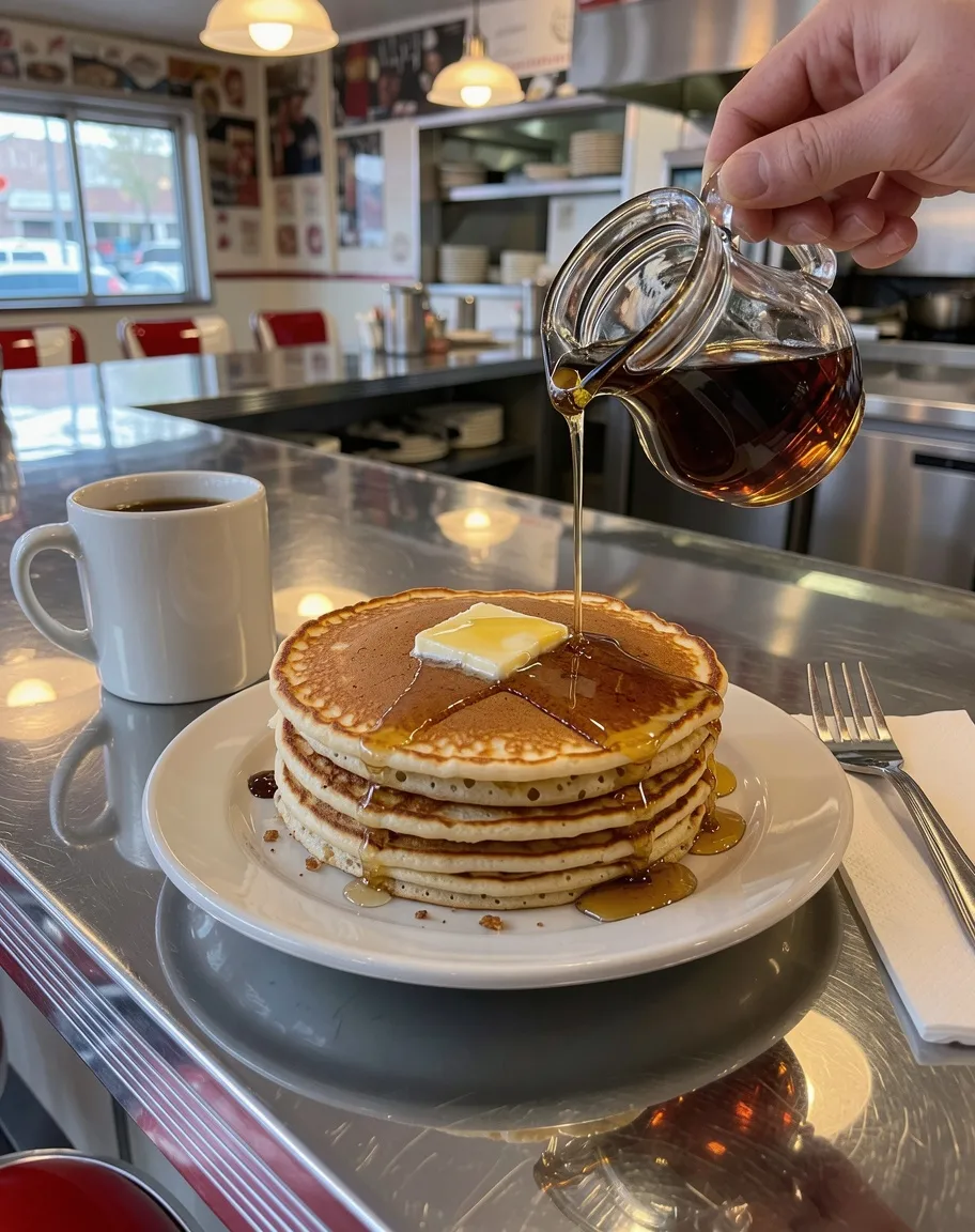 Hand pouring syrup from a glass jug onto a pancake stack with butter on a chrome diner counter beside a coffee mug, made with FLUX 3 Image
