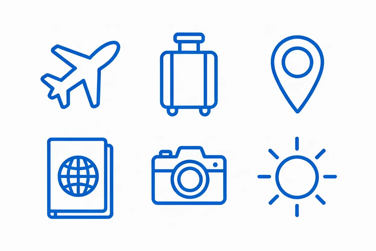Six blue line icons in a 3 by 2 grid: airplane, suitcase, map pin, passport, camera and sun, made with FLUX 3 Image