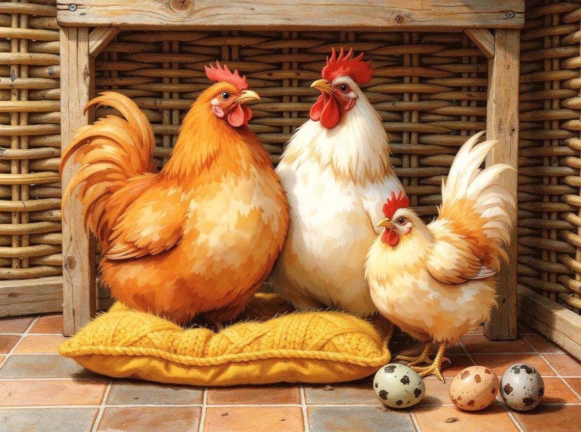 Painted chickens beside a yellow knitted cushion in front of a wicker wall on terracotta tiles with three eggs, made with FLUX.2 [max]
