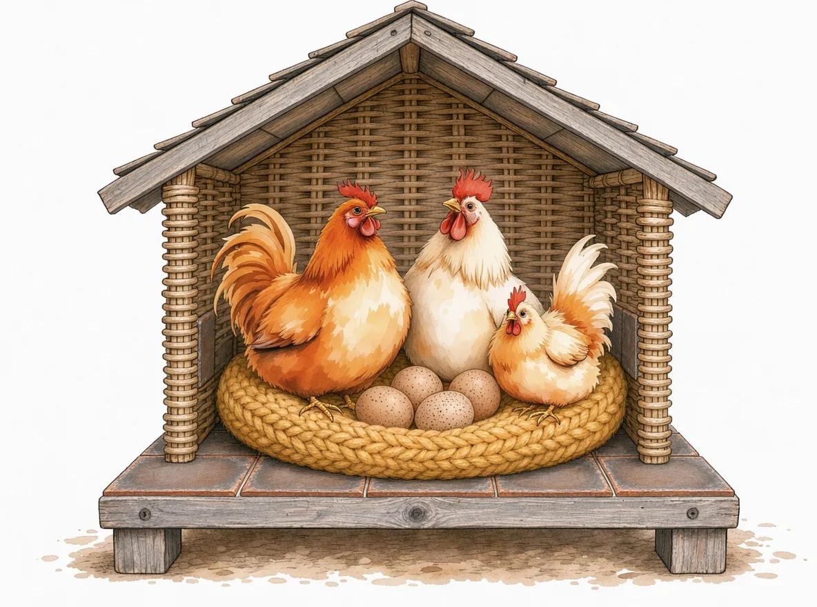 Watercolor chicken house with oak base, wicker walls and tiled floor, three chickens on a knitted nest with eggs, made with FLUX 3 Image