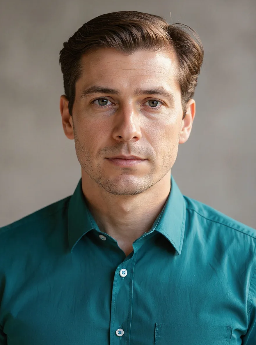 Kontext result with shorter brown hair, a changed face, and a teal shirt