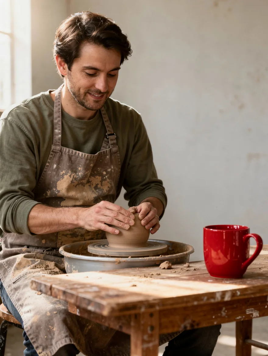 Fictional adult potter shaping a clay pot beside a red mug on the right of a wooden workbench