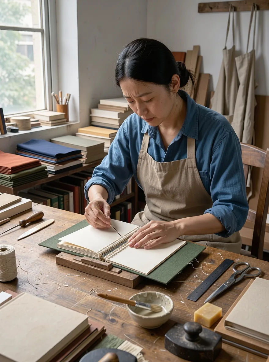 Generated fictional bookbinder in a blue shirt and beige apron working on an open book at a wooden desk beside a window